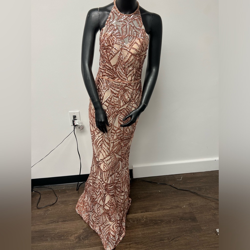 Envious Couture Size 6 Rose Gold Halter Neck Open Back Beaded Long Dress NWT